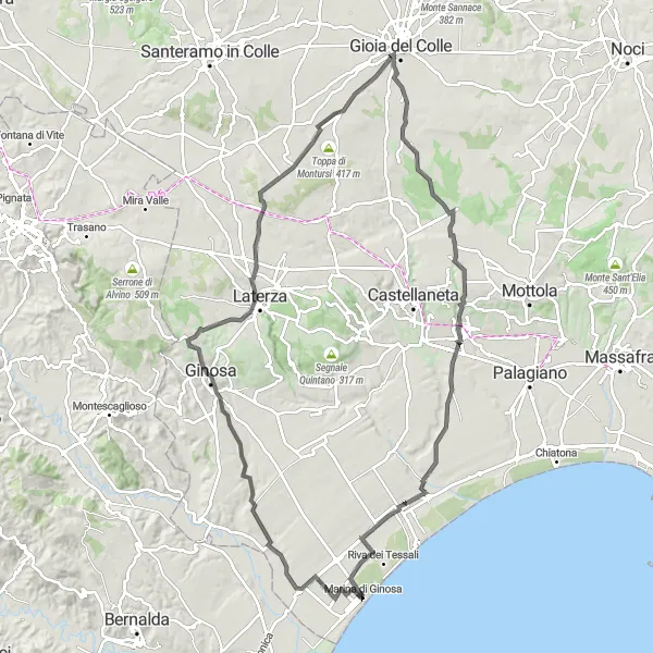 Miniatura della mappa di ispirazione al ciclismo "Cicloturismo tra Marina di Ginosa e Montursi" nella regione di Puglia, Italy. Generata da Tarmacs.app, pianificatore di rotte ciclistiche