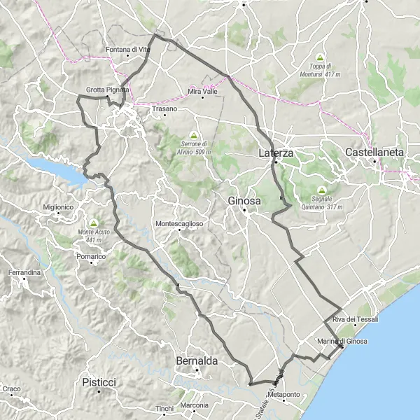 Miniatura della mappa di ispirazione al ciclismo "Tour in bicicletta da Marina di Ginosa a Matera 2000" nella regione di Puglia, Italy. Generata da Tarmacs.app, pianificatore di rotte ciclistiche