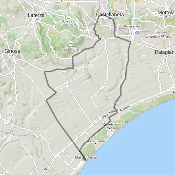 Miniatura della mappa di ispirazione al ciclismo "Escursione tra Marina di Ginosa e Castellaneta" nella regione di Puglia, Italy. Generata da Tarmacs.app, pianificatore di rotte ciclistiche