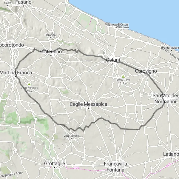 Map miniature of "Southern Loop with Coastal Views" cycling inspiration in Puglia, Italy. Generated by Tarmacs.app cycling route planner