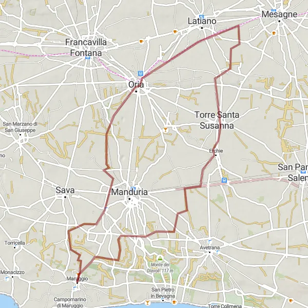 Map miniature of "Adventure through Gravel Paths" cycling inspiration in Puglia, Italy. Generated by Tarmacs.app cycling route planner