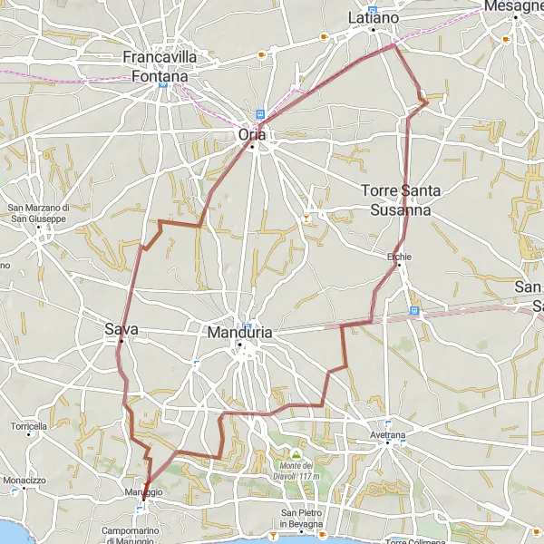 Map miniature of "Gravel Adventure to Oria" cycling inspiration in Puglia, Italy. Generated by Tarmacs.app cycling route planner