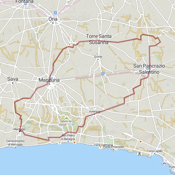 Map miniature of "The Gravel Adventure" cycling inspiration in Puglia, Italy. Generated by Tarmacs.app cycling route planner