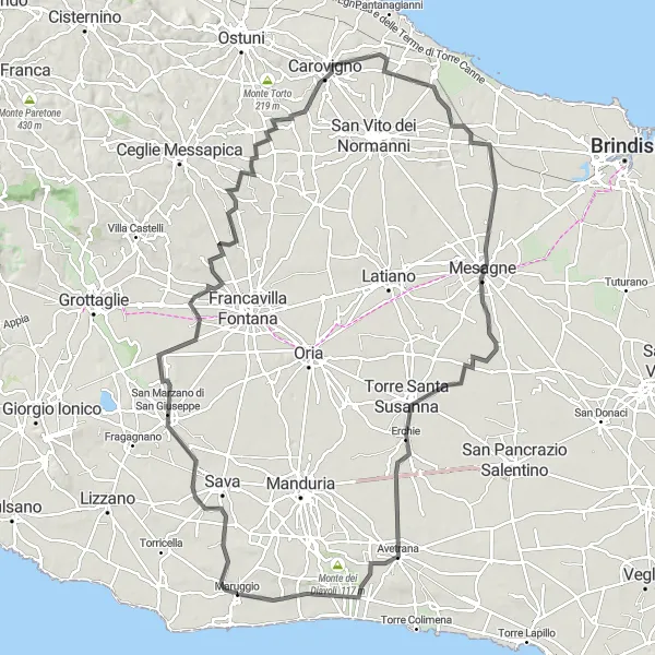 Map miniature of "The Coastal Epic" cycling inspiration in Puglia, Italy. Generated by Tarmacs.app cycling route planner