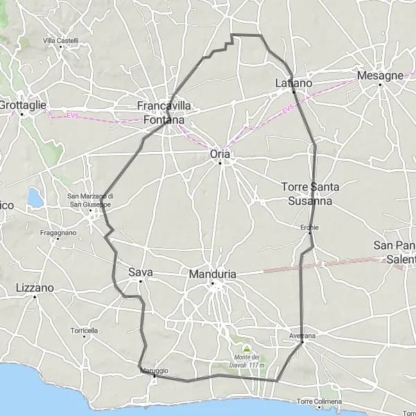 Map miniature of "Maruggio Loop" cycling inspiration in Puglia, Italy. Generated by Tarmacs.app cycling route planner