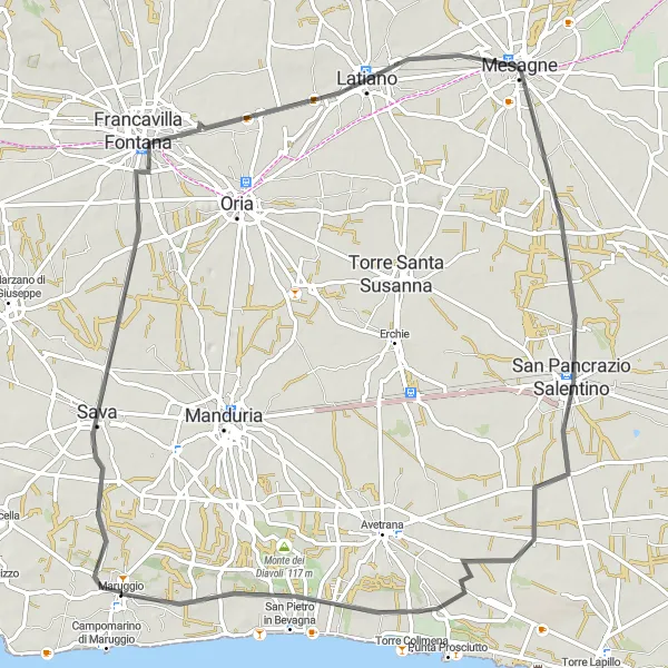 Map miniature of "Sava Maruggio Loop" cycling inspiration in Puglia, Italy. Generated by Tarmacs.app cycling route planner