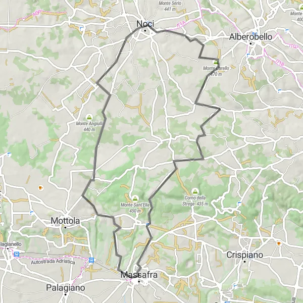 Map miniature of "Massafra to Monte Carello Road Cycling Route" cycling inspiration in Puglia, Italy. Generated by Tarmacs.app cycling route planner