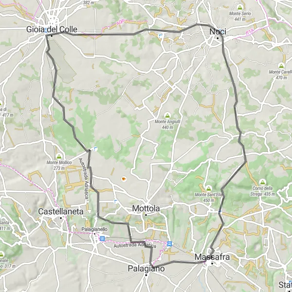 Miniatura della mappa di ispirazione al ciclismo "Tour ciclistico tra Gioia del Colle e Noci" nella regione di Puglia, Italy. Generata da Tarmacs.app, pianificatore di rotte ciclistiche