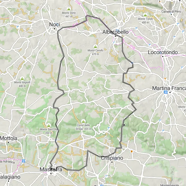 Map miniature of "Massafra to Alberobello Road Cycling Route" cycling inspiration in Puglia, Italy. Generated by Tarmacs.app cycling route planner