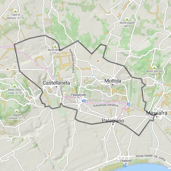 Miniatura della mappa di ispirazione al ciclismo "Giro in bicicletta Monte Mollico" nella regione di Puglia, Italy. Generata da Tarmacs.app, pianificatore di rotte ciclistiche