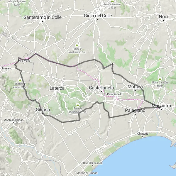 Map miniature of "Massafra to Ginosa Loop" cycling inspiration in Puglia, Italy. Generated by Tarmacs.app cycling route planner