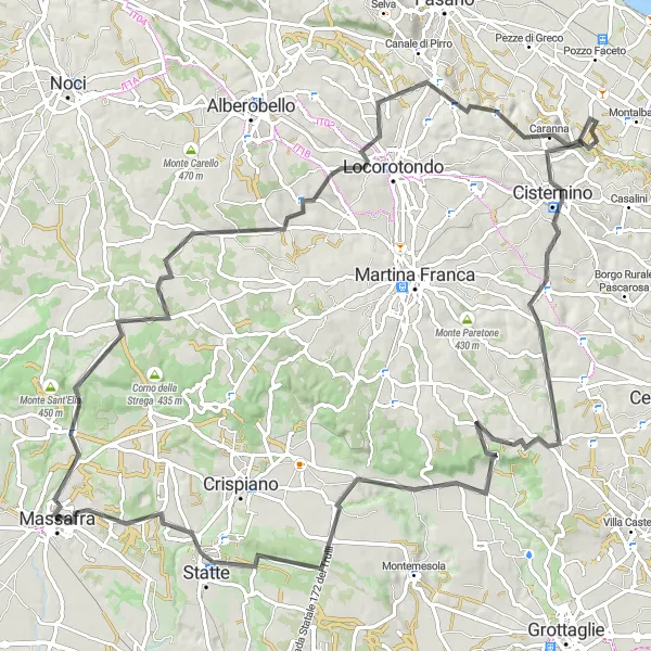 Miniatura della mappa di ispirazione al ciclismo "Giro in bicicletta Massafra - Castello medievale" nella regione di Puglia, Italy. Generata da Tarmacs.app, pianificatore di rotte ciclistiche