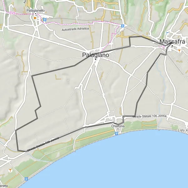 Miniatura della mappa di ispirazione al ciclismo "Tour ciclistico tra Villino Margherita e Chiatona" nella regione di Puglia, Italy. Generata da Tarmacs.app, pianificatore di rotte ciclistiche