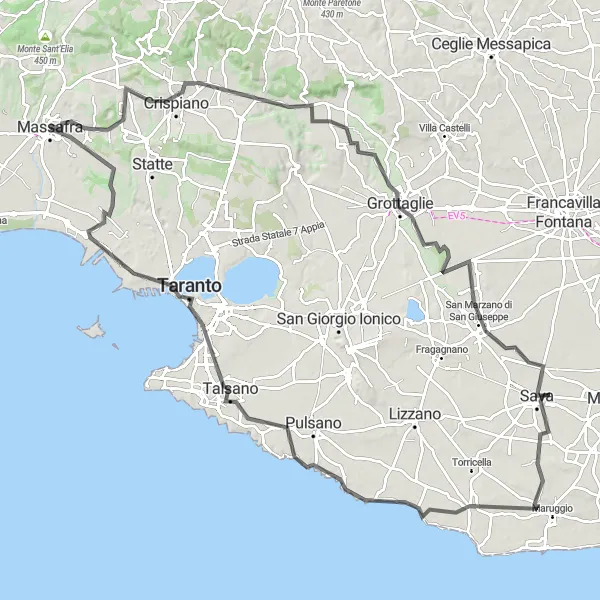 Miniatura della mappa di ispirazione al ciclismo "Ciclovia Monte Piccoli" nella regione di Puglia, Italy. Generata da Tarmacs.app, pianificatore di rotte ciclistiche