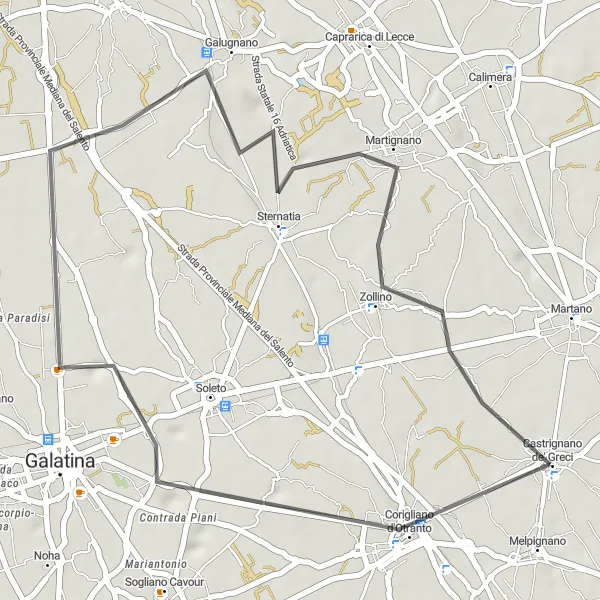 Miniatura della mappa di ispirazione al ciclismo "Tour su strada tra Corigliano d'Otranto e Zollino" nella regione di Puglia, Italy. Generata da Tarmacs.app, pianificatore di rotte ciclistiche