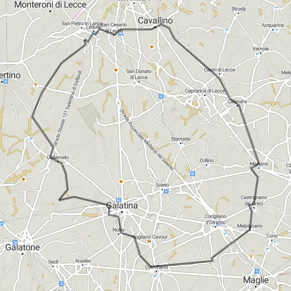 Miniatura della mappa di ispirazione al ciclismo "Avventura in bicicletta tra Cutrofiano, Galatina, Collemeto, San Cesario di Lecce, Calimera e Martano" nella regione di Puglia, Italy. Generata da Tarmacs.app, pianificatore di rotte ciclistiche