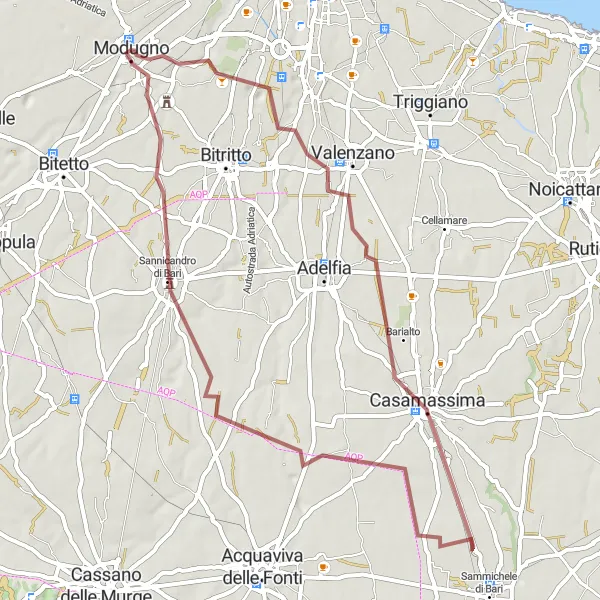 Miniatura della mappa di ispirazione al ciclismo "Tra Valenzano e Sannicandro di Bari in Gravel" nella regione di Puglia, Italy. Generata da Tarmacs.app, pianificatore di rotte ciclistiche