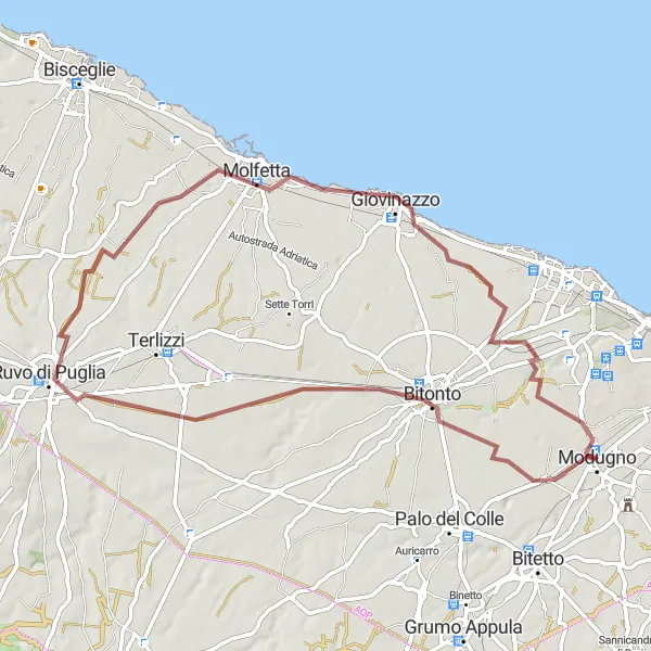 Miniatura della mappa di ispirazione al ciclismo "Il Percorso Gravel tra Bitonto e Modugno" nella regione di Puglia, Italy. Generata da Tarmacs.app, pianificatore di rotte ciclistiche