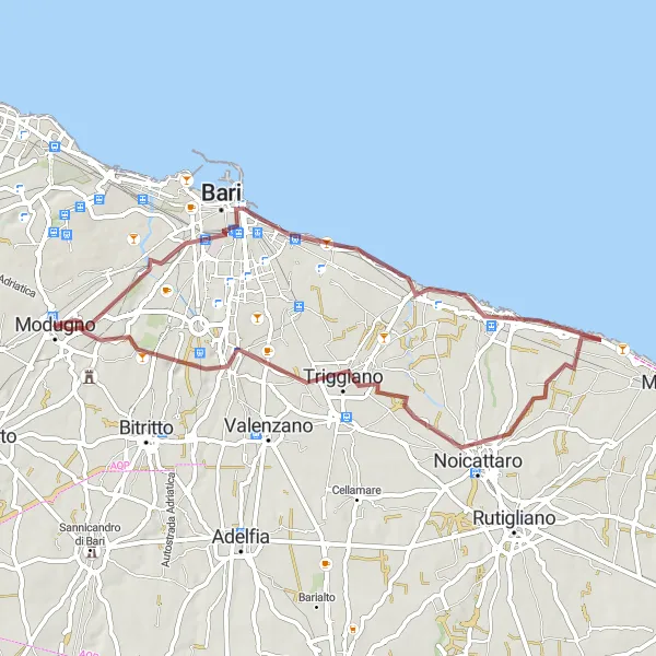 Map miniature of "Bari Gravel Tour" cycling inspiration in Puglia, Italy. Generated by Tarmacs.app cycling route planner