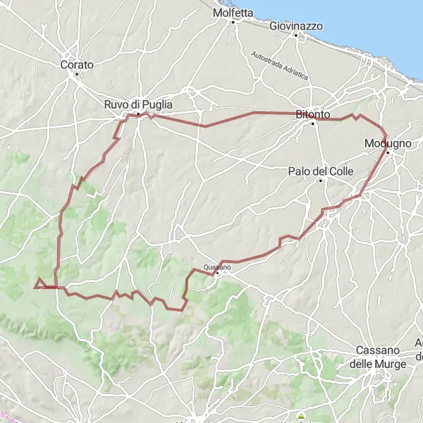 Miniatura della mappa di ispirazione al ciclismo "L'Avventura Gravel tra Grumo Appula e Bitonto" nella regione di Puglia, Italy. Generata da Tarmacs.app, pianificatore di rotte ciclistiche