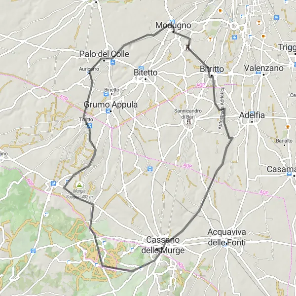 Map miniature of "Bitritto Loop" cycling inspiration in Puglia, Italy. Generated by Tarmacs.app cycling route planner