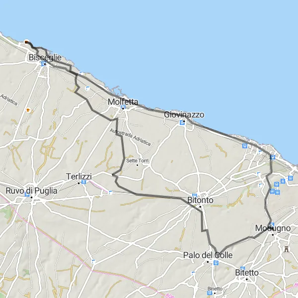 Miniatura della mappa di ispirazione al ciclismo "Avventura lungo la costa pugliese" nella regione di Puglia, Italy. Generata da Tarmacs.app, pianificatore di rotte ciclistiche