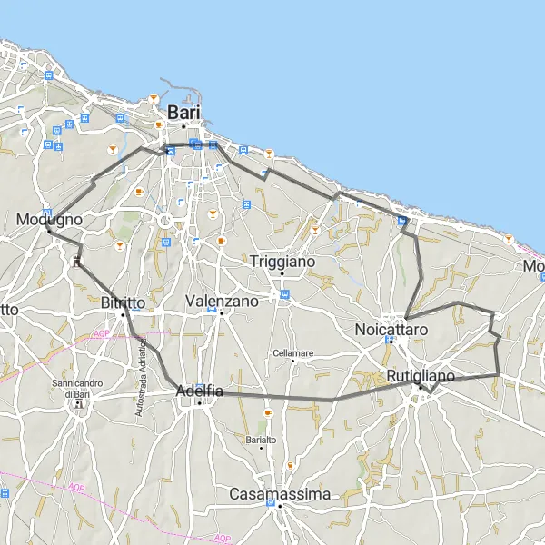 Map miniature of "Bari Countryside Road Trip" cycling inspiration in Puglia, Italy. Generated by Tarmacs.app cycling route planner