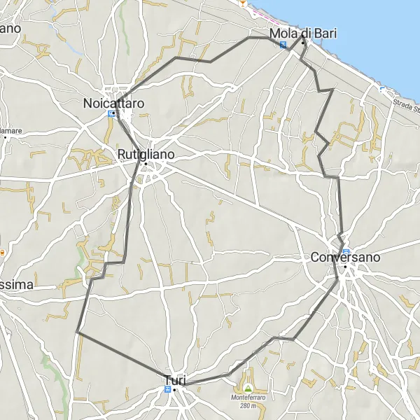 Miniatura della mappa di ispirazione al ciclismo "Giro ciclistico tra Conversano e Rutigliano" nella regione di Puglia, Italy. Generata da Tarmacs.app, pianificatore di rotte ciclistiche