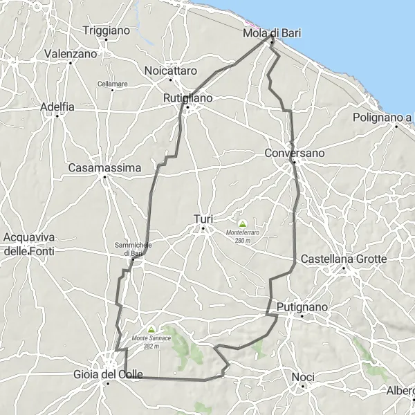 Map miniature of "Conversano - Rutigliano Route" cycling inspiration in Puglia, Italy. Generated by Tarmacs.app cycling route planner