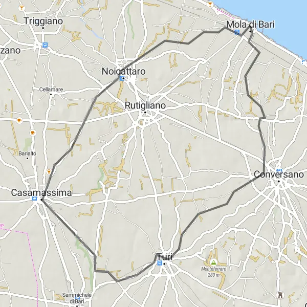 Map miniature of "Turi Loop" cycling inspiration in Puglia, Italy. Generated by Tarmacs.app cycling route planner