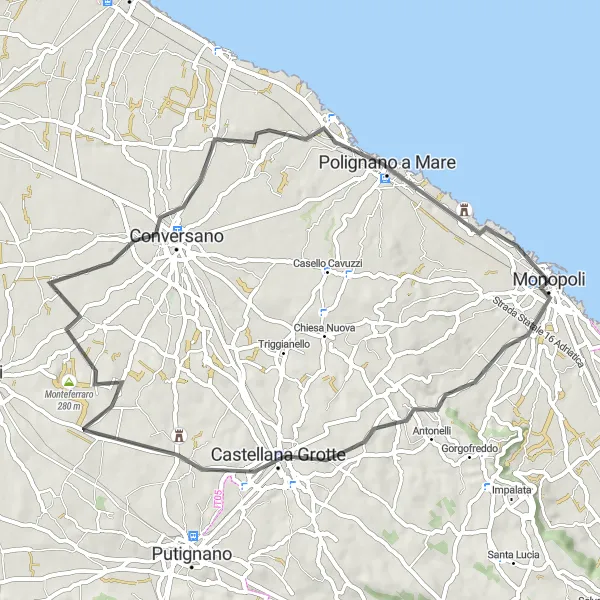 Miniatura della mappa di ispirazione al ciclismo "Tra Castelli e Torri" nella regione di Puglia, Italy. Generata da Tarmacs.app, pianificatore di rotte ciclistiche