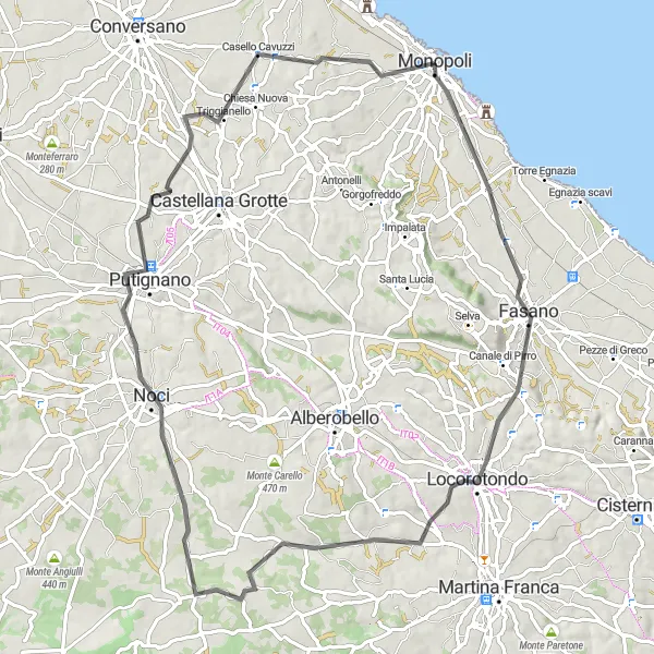 Miniatura della mappa di ispirazione al ciclismo "Panoramica delle Murgia" nella regione di Puglia, Italy. Generata da Tarmacs.app, pianificatore di rotte ciclistiche