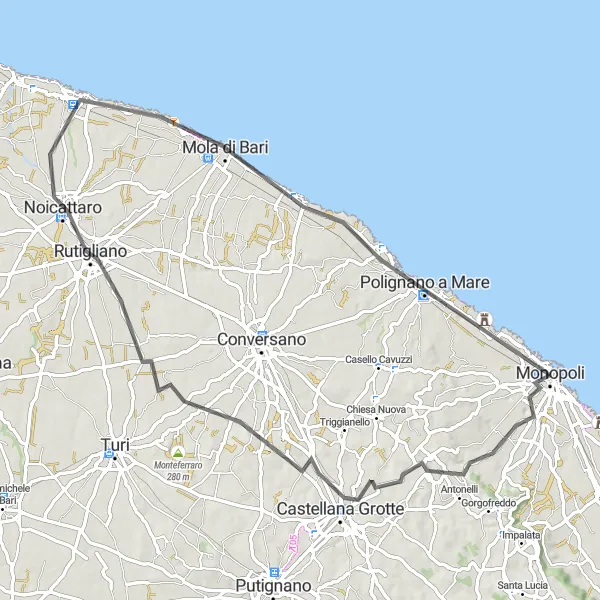 Miniatura della mappa di ispirazione al ciclismo "Tour in bicicletta da Monopoli a Polignano a Mare attraverso Castellana Grotte" nella regione di Puglia, Italy. Generata da Tarmacs.app, pianificatore di rotte ciclistiche