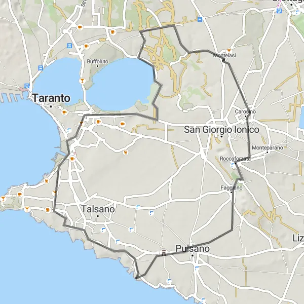 Map miniature of "Carosino and Pulsano Loop" cycling inspiration in Puglia, Italy. Generated by Tarmacs.app cycling route planner