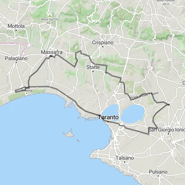 Map miniature of "Luna Park and Massafra Loop" cycling inspiration in Puglia, Italy. Generated by Tarmacs.app cycling route planner
