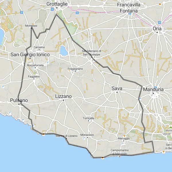 Miniatura della mappa di ispirazione al ciclismo "San Marzano di San Giuseppe-Torre Ovo-San Giorgio Ionico Loop" nella regione di Puglia, Italy. Generata da Tarmacs.app, pianificatore di rotte ciclistiche