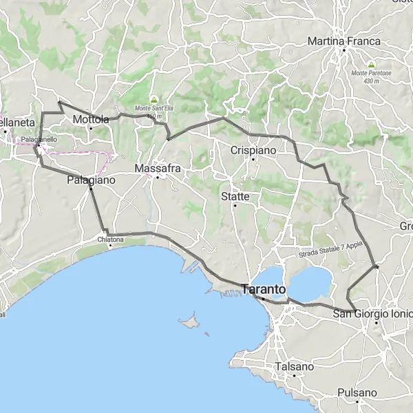 Miniatura della mappa di ispirazione al ciclismo "Avventura ciclistica tra Taranto e Montemesola" nella regione di Puglia, Italy. Generata da Tarmacs.app, pianificatore di rotte ciclistiche