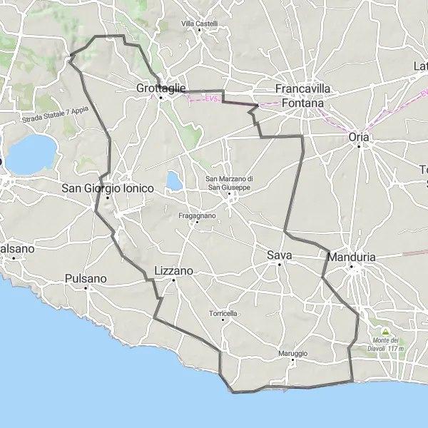 Map miniature of "The Southern Charm" cycling inspiration in Puglia, Italy. Generated by Tarmacs.app cycling route planner