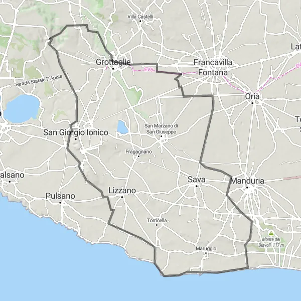 Miniatura della mappa di ispirazione al ciclismo "San Crispieri-Campomarino di Maruggio-Montemesola Loop" nella regione di Puglia, Italy. Generata da Tarmacs.app, pianificatore di rotte ciclistiche