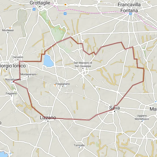 Miniatura della mappa di ispirazione al ciclismo "Percorso in bicicletta gravel da Monteparano a Roccaforzata" nella regione di Puglia, Italy. Generata da Tarmacs.app, pianificatore di rotte ciclistiche