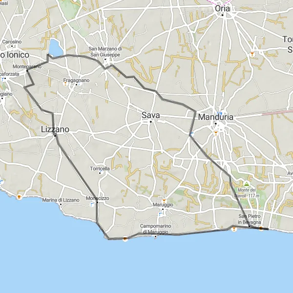 Miniatura della mappa di ispirazione al ciclismo "Cicloturismo da Monteparano a Lizzano attraverso San Marzano di San Giuseppe" nella regione di Puglia, Italy. Generata da Tarmacs.app, pianificatore di rotte ciclistiche