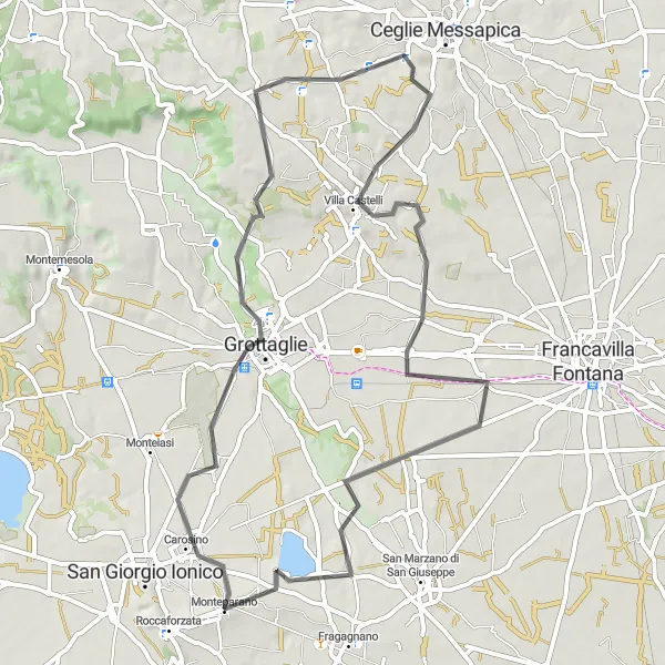 Miniatura della mappa di ispirazione al ciclismo "Giro in bicicletta da Grottaglie a Monteparano" nella regione di Puglia, Italy. Generata da Tarmacs.app, pianificatore di rotte ciclistiche