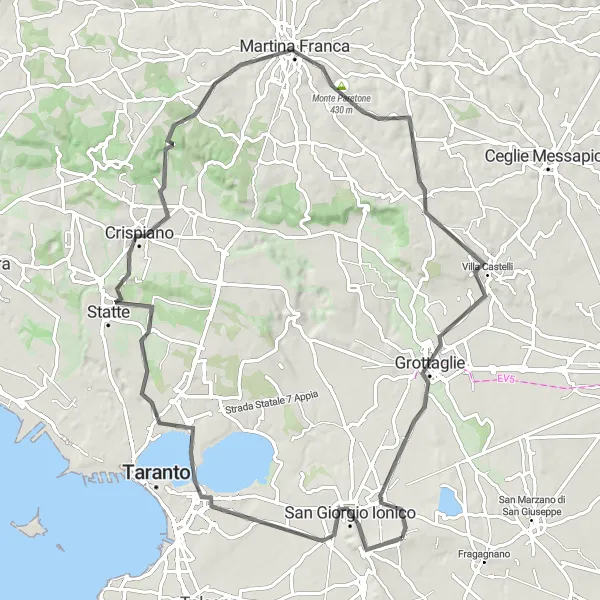 Miniatura della mappa di ispirazione al ciclismo "Giro in bici road da Monteparano a Grottaglie attraverso Martina Franca" nella regione di Puglia, Italy. Generata da Tarmacs.app, pianificatore di rotte ciclistiche