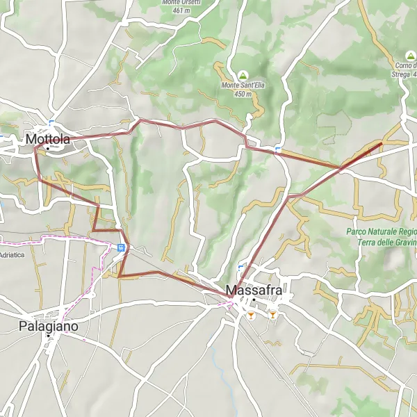 Map miniature of "Gravel Adventure through Massafra" cycling inspiration in Puglia, Italy. Generated by Tarmacs.app cycling route planner