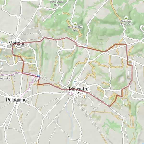 Miniatura della mappa di ispirazione al ciclismo "Gravel a Massafra" nella regione di Puglia, Italy. Generata da Tarmacs.app, pianificatore di rotte ciclistiche