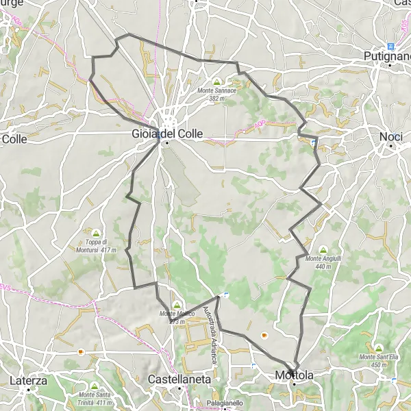 Miniatura della mappa di ispirazione al ciclismo "Avventuroso giro in bicicletta fino a Gioia del Colle" nella regione di Puglia, Italy. Generata da Tarmacs.app, pianificatore di rotte ciclistiche