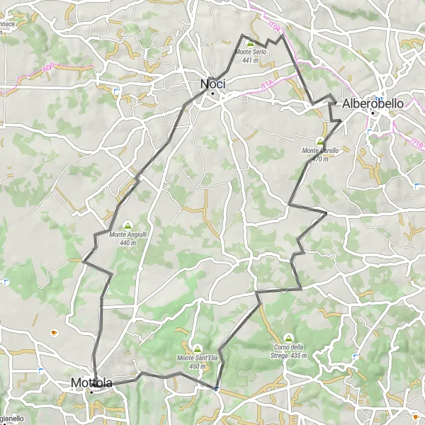 Miniatura della mappa di ispirazione al ciclismo "Road a Monte Carello" nella regione di Puglia, Italy. Generata da Tarmacs.app, pianificatore di rotte ciclistiche
