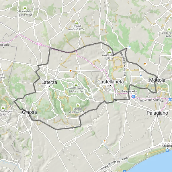 Map miniature of "Climbing Challenges and Beautiful Landscapes" cycling inspiration in Puglia, Italy. Generated by Tarmacs.app cycling route planner