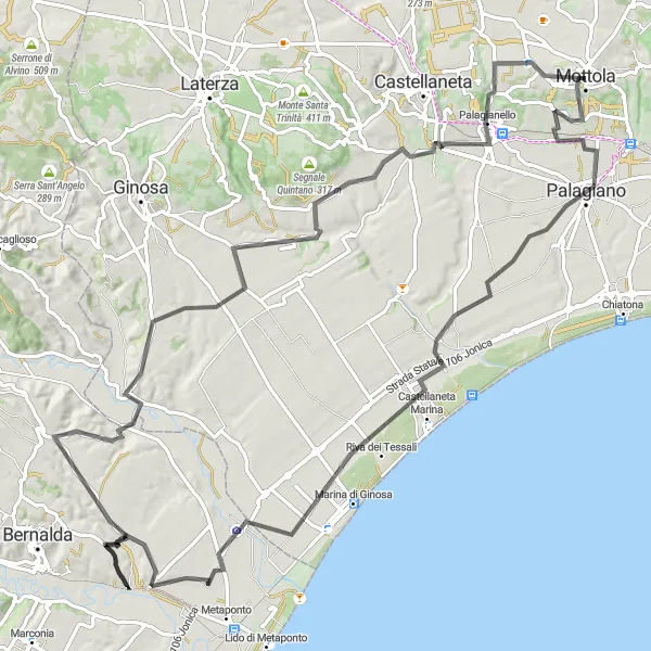 Miniatura della mappa di ispirazione al ciclismo "Dalla cultura etrusca alla bellezza naturalistica in bici" nella regione di Puglia, Italy. Generata da Tarmacs.app, pianificatore di rotte ciclistiche