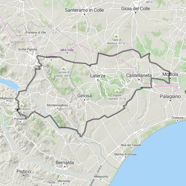 Miniatura della mappa di ispirazione al ciclismo "Giro in bicicletta da Mottola" nella regione di Puglia, Italy. Generata da Tarmacs.app, pianificatore di rotte ciclistiche